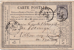 35436# SAGE CARTE PRECURSEUR Obl SEZANNE 1877 T17 MARNE Pour VILLIERS AUX CORNEILLES Par MARCILLY SUR SEINE - Precursor Cards