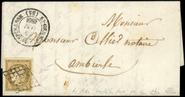 Let EMISSION DE 1849 - 1c   10c. Bistre-VERDATRE FONCE, Obl. GRILLE S. LAC, Càd T14 St GERMAIN-LESPINASSE 21/5/51, TTB,  - 1849-1876: Période Classique
