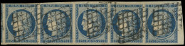 EMISSION DE 1849 - 4    25c. Bleu, BANDE De 5, Petit Bdf à Droite, Obl. GRILLE, TB. C - 1849-1850 Ceres