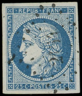 EMISSION DE 1849 - 4    25c. Bleu, Obl. GRILLE, TB - 1849-1850 Cérès