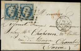 Let PRESIDENCE - 10   25c. Bleu, PAIRE Très Bien Margée Obl. GROS POINTS S. LAC, Càd PARIS 14/8/53, Arr. CHAMBERY Etats  - 1849-1876: Période Classique