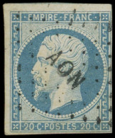 EMPIRE NON DENTELE - 14A  20c. Bleu, T I, Obl. Los. AON, TB - 1853-1860 Napoléon III.