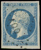 EMPIRE NON DENTELE - 14A  20c. Bleu, T I, Obl. Los. AO-O, Léger Pelurage, Frappe TTB - 1853-1860 Napoléon III.