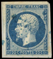 EMPIRE NON DENTELE - 14Aa 20c. Bleu Foncé, T I, Obl. ETOILE BLEUE S. Son Support, TB - 1853-1860 Napoléon III.