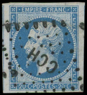 EMPIRE NON DENTELE - 14B  20c. Bleu, T II, Obl. Los. CCH, Pli, Aspect TTB - 1853-1860 Napoleon III