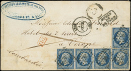 Let EMPIRE NON DENTELE - 14A  20c. Bleu, BANDE De 4 + 1 Ex. Obl. PC 1818 S. Env., Càd T15 LYON 9/2/-, Arr. VERONA, Affrt - 1849-1876: Classic Period