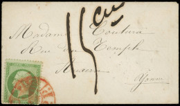 Let EMPIRE DENTELE - 20    5c. Vert, Obl. Càd Rouge Des Imprimés PARIS S. Petite Env., TAXE 15c. Au Triple De L'insuffis - 1849-1876: Periodo Classico