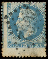 EMPIRE LAURE - 29A  20c. Bleu, PIQUAGE à CHEVAL, Obl. GC, TB - 1863-1870 Napoleone III Con Gli Allori