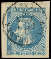 EMPIRE LAURE - 29Bb 20c. Bleu, T II, "A LA CORNE", Obl. Càd Sur Son Support, TB - 1863-1870 Napoleon III With Laurels