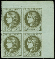 ** EMISSION DE BORDEAUX - 39A   1c. Olive, R I, 1er état, PERCE En LIGNES, BLOC De 4 Cdf, 1 Ex. *, TTB. S - 1870 Bordeaux Printing