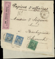 Let TYPE SAGE SUR LETTRES - N°75 Et 90 (2) Obl. R. Du VIEUX COLOMBIER 1/5/86 Sur Bande De Papiers D'affaires, TB - 1877-1920: Periodo Semi Moderno