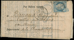 Let BALLONS MONTES - N°37 Obl. Etoile S. LE BALLON POSTE N°4, Càd Avec Section 1/2 16/11/70, Passage NIORT 25/11 Et Arr. - Krieg 1870