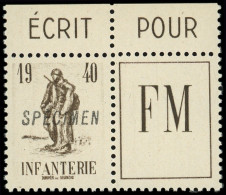 ** FRANCHISE MILITAIRE - 10A  Infanterie, FM Brun, Tenant à Une Vignette Surch. SPECIMEN, TB - Militärische Franchisemarken