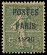 * PREOBLITERES - 25  15c. Vert-olive, POSTES PARIS 1920, TB. S - 1893-1947