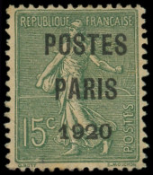 (*) PREOBLITERES - 25  15c. Vert-olive, POSTES PARIS 1920, TB. C - 1893-1947