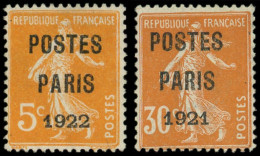 (*) PREOBLITERES - 29 Et 30, 30c. Orange POSTES PARIS 1921, 5c. Orange, POSTES PARIS 1922, TB - 1893-1947