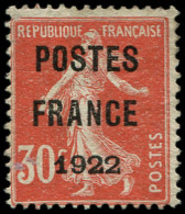 (*) PREOBLITERES - 38  30c. Rouge, POSTES FRANCE 1922, TB. J - 1893-1947