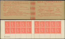 CARNETS (N° Yvert) - 199-C48   Semeuse Lignée, 50c. Rouge, N°199h, T IV, Avec Numéro 91297, TB - Altri & Non Classificati