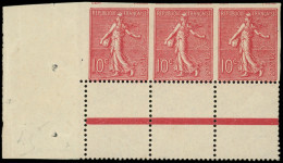 ** VARIETES - 129j  Semeuse Lignée, 10c. Rose, BANDE De 3 Cdf NON DENTELEE 3 Côtés, Superbe, Cote Maury - Unused Stamps