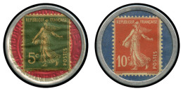 VARIETES - 137   Semeuse Camée,  5c. Vert Foncé Et 10c. Rouge Sur Bleu, 2 Timbres-Monnaie CREDIT LYONNAIS, TB - Oblitérés