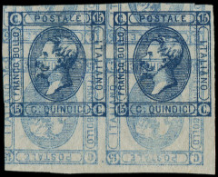 (*) ITALIE 11 : 15c. Bleu, Essai, PAIRE Horizontale Avec Impression RENVERSEE Et RECTO-VERSO Sur Papier Fin, TB - Mint/hinged