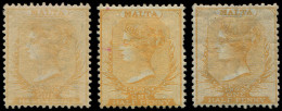 * MALTE 3, 3a Et 3b : 1 1/2p. Bistre-jaune, Jaune Sur Jaune Et Brun-orange, Dent Rognée Sur Un Ex., TB - Malta (...-1964)