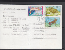 MARINE LIFE - TUNISIA - 1999 - POSTCARD TO  GERMANY WITH CRUSTACEANS SET OF 3 IMPERF - Crostacei