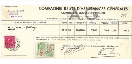 Timbres à 0,20 Sur Quittance Compagnie Belge D'assurances Générales.1936.Jadot,Marche - Documents