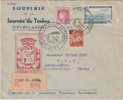 ALGERIE - 1947 - ENVELOPPE ILLUSTREE JOURNEE DU TIMBRE SIDI-BEL-ABBES RECOMMANDEE => LOUIS-GENTIL (MAROC) ! - Storia Postale