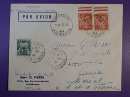 DG5   FRANCE   BELLE LETTRE 1944 BOURMONT A TUNIS REDISTRIB. MERIEL    +TAXE +AEROPHILATELIE +AFF. INTERESSANT+++ - 1927-1959 Lettres & Documents