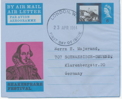 GB 23 APR 1964 SHAKESPEARE FESTIVAL 6d AIR LETTERS FDC's (BOTH!!) CDS 37mm FDI LONDON.W. / FIRST DAY OF ISSUE - Correct - Cartas & Documentos