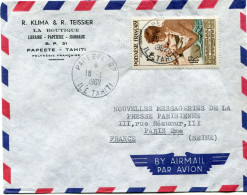 POLYNESIE FRANCAISE LETTRE PAR AVION DEPART PAPEETE 16-1-1962 POUR LA FRANCE - Covers & Documents