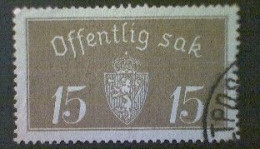 Norway (Norge), Scott #O13, Used (o), 1933, Official, Coat Of Arms (wide Issue), 15ø, Olive - Gebraucht