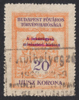 1919 Hungary - Housing / Flat Tax Revenue Stamp / BUDAPEST Local City OVERPRINT - 20 K - Used / Coat Of Arms - NO. 8 - Fiscaux