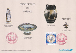 FDC--1990--Document Philatélique "Trois Siècles De Faience" Croix-Rouge--cachet QUIMPER-29 (vierge,plat,vase) - 1990-1999