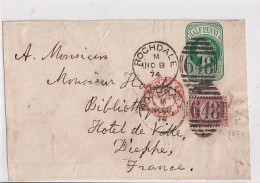 ENTIER HALF  PENNY + TIMBRE  1/2   ROCHDALE  1874    CACHET 648 + CACHET DE CALAIS - 1840 Mulready Omslagen En Postblad