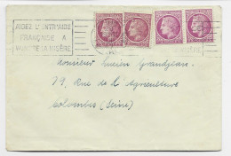 FRANCE MAZELIN 1FR50X4 2 TEINTES LETTRE COVER PARIS 29 JUIL 1947 AU TARIF - 1945-47 Ceres (Mazelin)