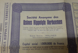 S.A. Des Usines Hippolyte Verbeemen - Action De Capital De 500 Frs Au Porteur - Malines 1938 - Industrie