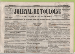 JOURNAL DE TOULOUSE 01 03 1844 - COUR D'ASSISES - SAINT LARY - LIBAN - GAND OBSEQUES GENERAL BERTRAND - TAHITI - CASTRES - 1800 - 1849