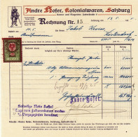 SALZBURG Österreich 1925 Farbige Rechnung Deko+ Stempelmarke Andre Hofer Kolonialwaren Fiskalmarke Logo Andreas Hofer - Austria