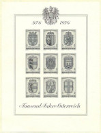 AUSTRIA(1976) Coats Of Arms. Black Print Of Minisheet Of 9 Stamps Celebrating Millennium Of Austria. Scott Nos 1042a-i, - Ensayos & Reimpresiones