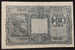 Italia – Billete Banknote De 10 Liras – 1944 – Muy Bueno – Firmas: Bolaffi – Cavallaro – Giovinco - Italië – 10 Lire