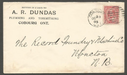 1905 Plumbing Tinsmithing Corner Card Cover 2c Edward Cobourg Ontario To Moncton New Brunswick NB - Postgeschiedenis