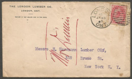 1902 London Lumber Corner Card Cover 2c Numeral Duplex London Ontario To USA - Postgeschiedenis