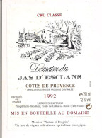 Etiquette COTES De PROVENCE 1992 - Domaine Du Jas D'Esclans - Cru Classé - Biologique - Lorgues-Lapouge à La Motte - - Pink Wines