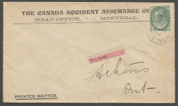 1900 Insurance Advertising Cover 1c Printed Matter CDS Orillia Ontario To Athens - Postgeschiedenis