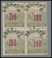 ** Baranya II 1919 Magyar Posta 100f/40f 4-es Tömb, Bodor Vizsgálójellel (rozsdapöttyök / Stain) - Sonstige & Ohne Zuordnung