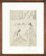 XIX. Sz. Ismeretlen Japán Művész Munkája (Abu Hishikawa?): Két Alak és Kalligráfia. Fametszet, Papír. Üvegezett Fakeretb - Engravings