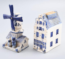 2 Db Delft Porcelán Figura: Szélmalom, Ház-persely. Kobalt Festett, Jelzett, Hibátlan 15 Cm, 11 Cm - Altri & Non Classificati