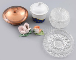 Vegyes 6 Darabos Zömmel Porcelán és üveg Tétel, Bonbonier, Porcelánrózsa, Cukortartó, Kopással - Autres & Non Classés